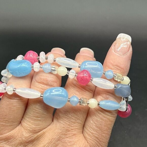 Baby Blue & Pink Chunky Beaded Statement Bracelet Gender Reveal Double Strand - Picture 5 of 6